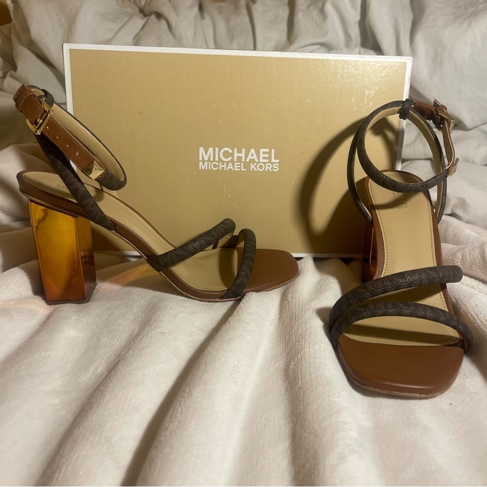 MICHAEL Michael Kors Brown and Gold 3 inch heels leather ankle strap Womens 8M
